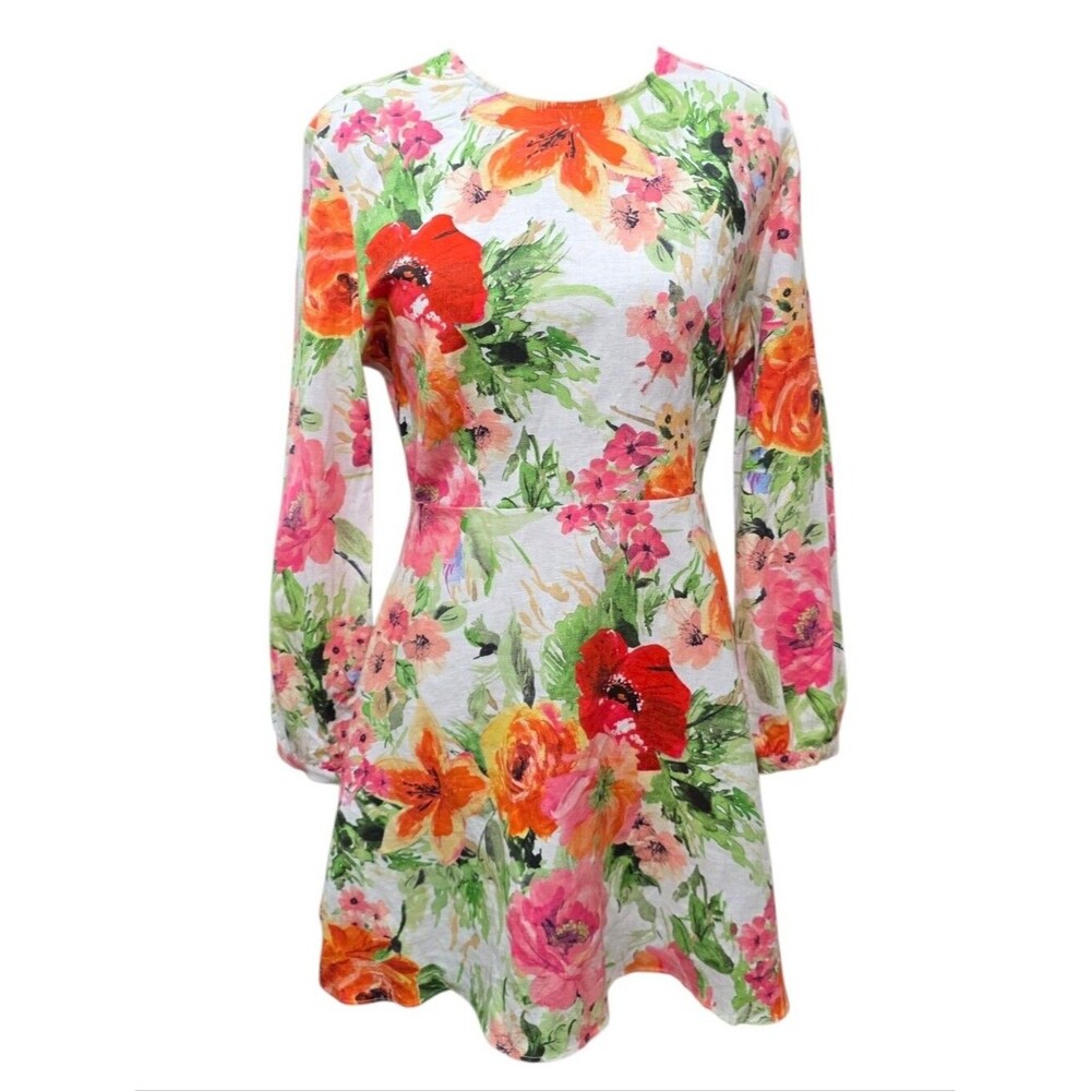 Zara Floral Linen Cotton Cutout Back Mini Dress Size M